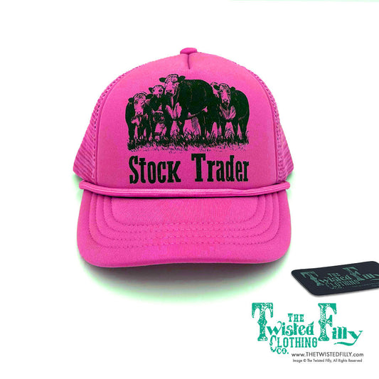 Pink foam trucker snapback hat with stock trader design