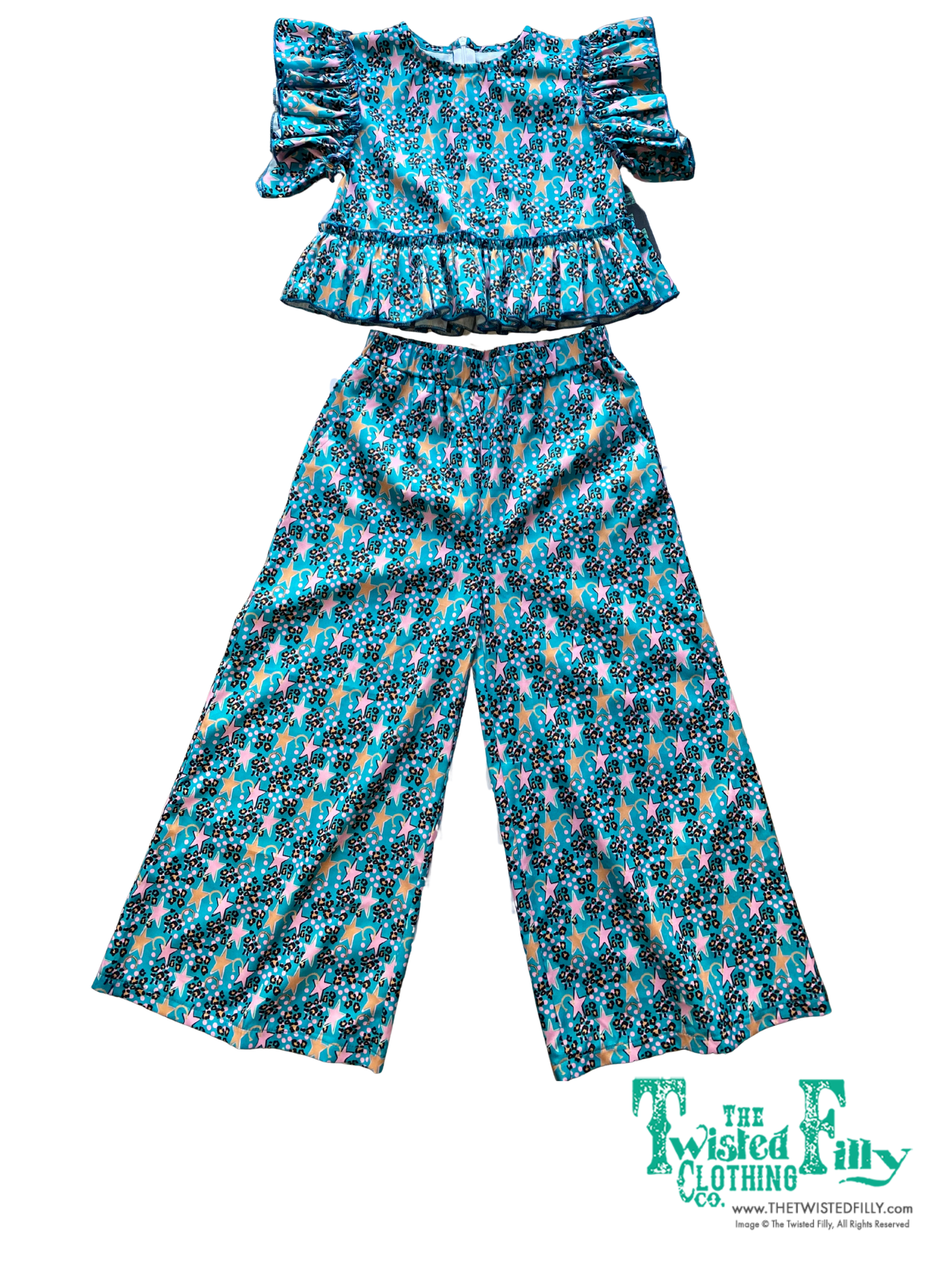 Turquoise Cheetah Star - Toddler Ruffle Pant Set (4pcs)