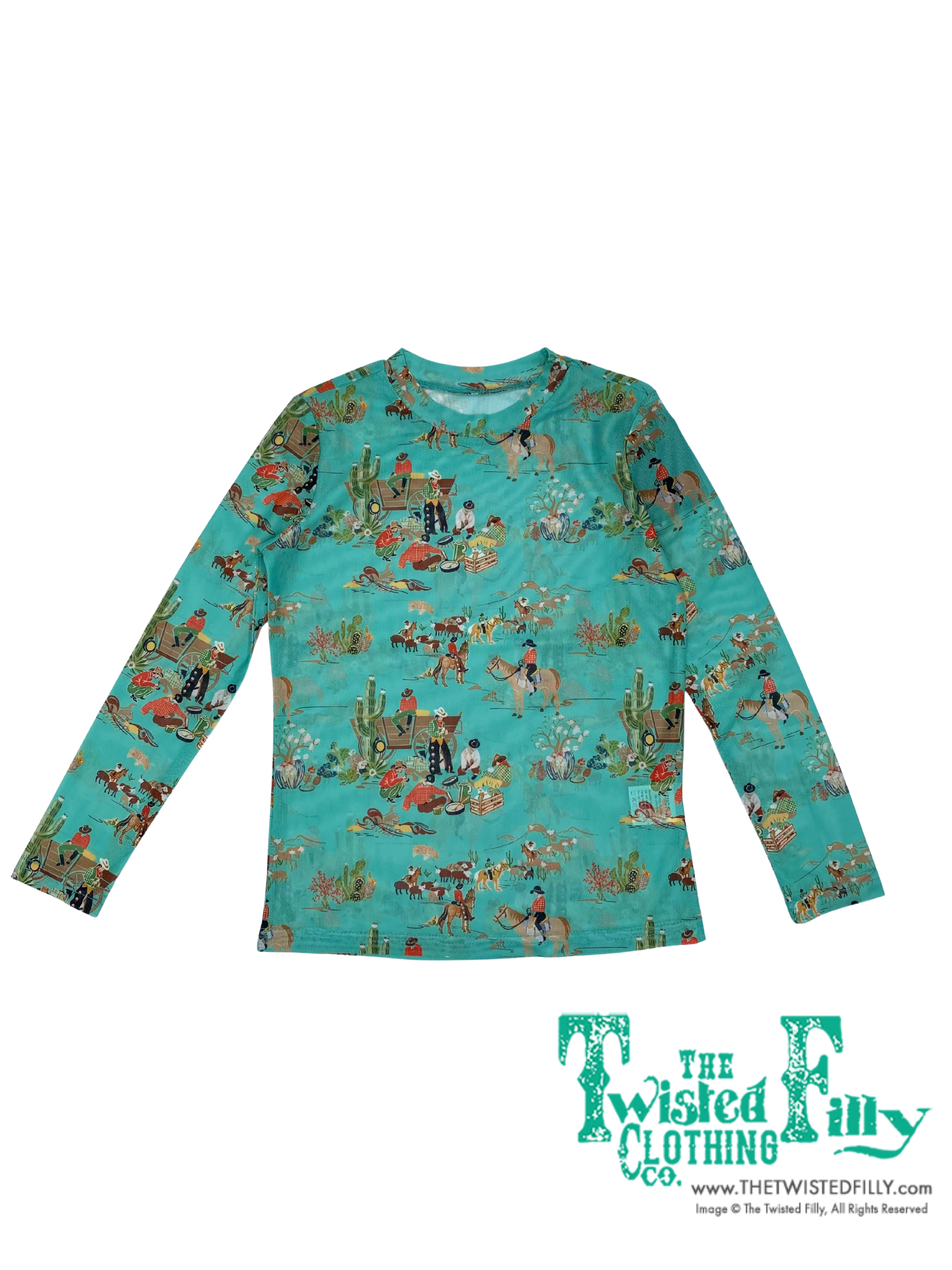 Long sleeve mesh top with cactus cowboy wagon pattern on turquoise background