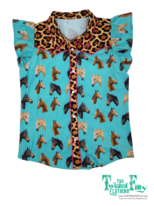 Turquoise Horse Cheetah - Toddler Ruffle Pearl Snap (4pcs)